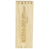 A wooden wine bottle holder with an engraved design, featuring a logo and a natural wood finish.
