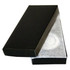 A black rectangular box partially opened, revealing a white cushioning material inside.