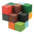 A 3D puzzle made of coloured blocks in red, green, brown, blue, orange, and black, arranged in a cube formation.