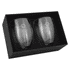 Two clear glass cups in an elegant box, showcasing a sleek design with a subtle logo, ideal for coffee or tea.