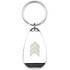 A drink bottle opener keyring in silver with a distinctive logo, featuring a smooth, rounded design.