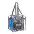A clear zippered tote bag in grey containing sports gear and a small blue item, with a logo on the front.