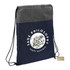 A navy and grey drawstring bag featuring a logo and botanical design. Made from recycled materials.