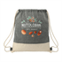 A grey and beige drawstring bag made of recycled cotton, featuring a logo and illustrations of nuts.