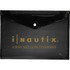 A black portfolio with a glossy finish and a button closure, featuring a logo in gold.