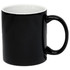 A coffee mug in glossy black with a contrasting white interior and a smooth handle. Features a logo.