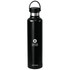 A drink bottle made of stainless steel, featuring a sleek black design and a handle, with a logo on the front.