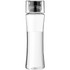 A drink bottle in clear plastic with a sleek, curved design and a stainless steel cap. Features a logo.