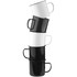 A stack of enamel metal cups in black and white, showcasing a glossy finish and classic design.