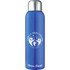 A drink bottle in blue with a stainless steel top, featuring a logo and a name on the front.