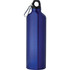 A drink bottle made of aluminium in a deep blue colour, featuring a black cap and a carabiner attachment.