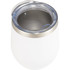 A drink bottle in matte white with a stainless steel rim and a clear lid, featuring a logo on the side.