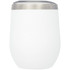 A drink bottle with a white body and a stainless steel lid, featuring a logo. Ideal for travel and insulated.
