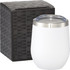 A drink bottle with a white body and stainless steel lid, next to a black patterned box.