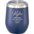 A drink bottle in navy blue with a clear lid and metallic rim, featuring a logo on the side.