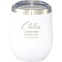 A drink bottle in white with a stainless steel lid, featuring a clear top and a logo. Suitable for travel.