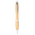 A bamboo ballpoint pen with white accents and a shiny silver clip. Features a sleek, natural finish.