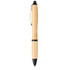 A bamboo ballpoint pen with black accents, featuring a clip and sleek design, poised upright against a plain background.