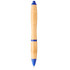 A bamboo ballpoint pen featuring blue accents and a smooth, curved design, with a logo on the side.