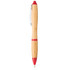 A bamboo ballpoint pen with red accents and a silver clip, featuring a logo on the barrel.