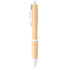A bamboo ballpoint pen with a white clip and accents, featuring a sleek, natural wood finish.