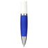 A blue and white antibacterial pen with a silver tip and a rubber grip. It features a logo.