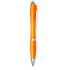 An orange ballpoint pen with silver accents and a clip, designed for writing with blue ink.