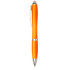 An orange ballpoint pen with silver accents and a clip, featuring a sleek design and a branding logo.