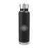 A drink bottle in matte black with a stainless steel lid and base, featuring a circular logo design.