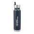 A drink bottle in navy blue with a stainless steel lid and a straw, featuring a logo on the side.