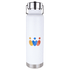 A drink bottle in white with a stainless steel base, featuring a logo in blue, orange, and red.