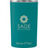 A drink bottle in teal with a lid, featuring a logo and a name on the front.