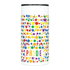 A drink bottle featuring a colourful polka dot design in rainbow colours with a white background and a black lid.
