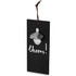 A drink bottle opener in black with a silver opener and a leather loop for hanging, featuring the word "cheers!"