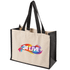 A beige and black tote bag with sturdy handles and a logo on the front.