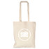 A cream-coloured tote bag featuring long handles and a logo on the front.