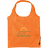 An orange foldaway shopper tote bag with a logo printed on the front.
