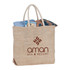 A herringbone-patterned jute tote bag in natural tones with two handles and a logo.
