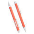 A set of coral-coloured metal ballpoint pens with silver accents and a logo.