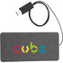 A grey fabric wireless charging pad with a USB connection and a multicoloured logo.