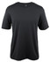 A black T-shirt featuring short sleeves, made from soft fabric, with a logo on the collar.