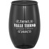 A stemless wine cup in black with a logo, designed for glassware use.