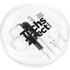 Wired earbuds with multiple tips in a clear case, featuring a black and white logo.