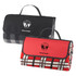 Two folded picnic rugs, one in black and grey checkered pattern, the other in red and black checkered pattern, featuring branding.
