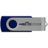 A blue and silver USB flash drive with a swivel design, featuring a logo on the cover.