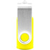 A yellow and silver USB flash drive with a swivel design, featuring a circular button and a clip.