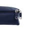 A navy blue zippered pouch with silver zippers and a textured fabric finish. It has a streamlined design.