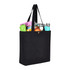 A black recycled cotton tote bag filled with various items, including bottles and papers, featuring a snap closure.
