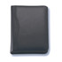 A black leather compendium with a smooth finish, featuring a subtle curved design on the cover.