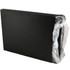 A black imitation leather A4 zippered compendium with a plastic covering and a logo.